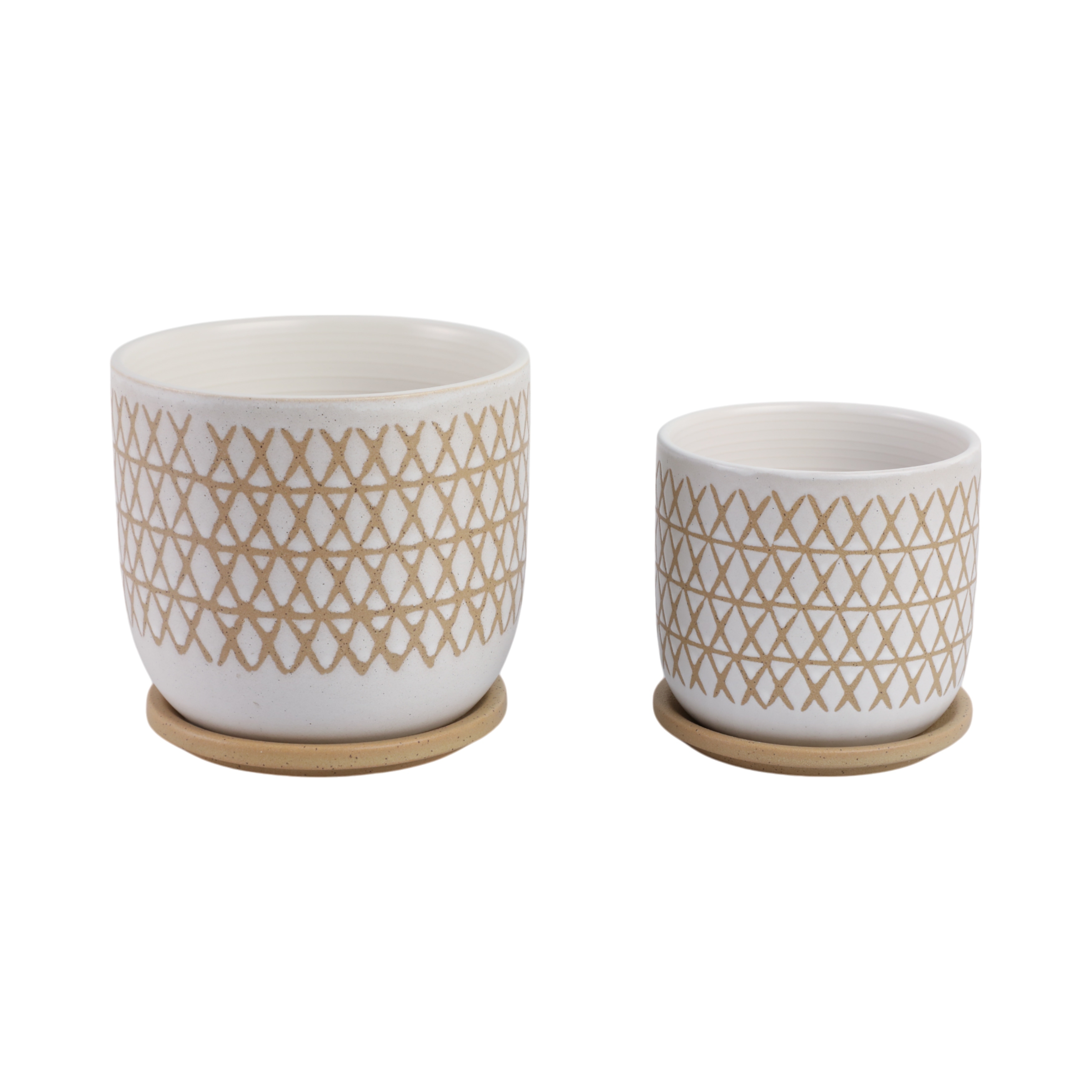 Decorative Round Ceramic Planter with Saucer - Set of 2