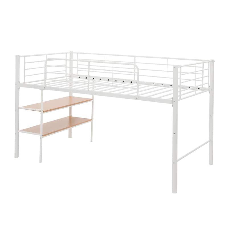 Twin Size Metal Loft Bed with Desk and Shelves