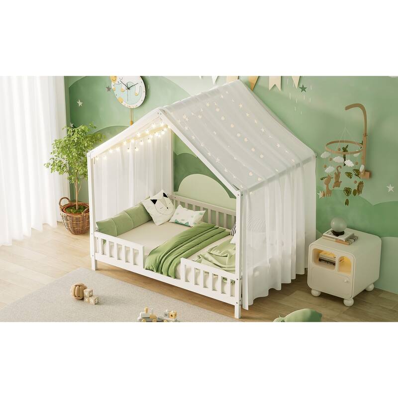 House-Shaped Full Bed Frame with Canopy and Railings for Kids, White