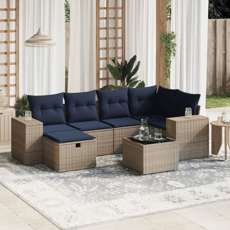 vidaXL Patio Sofa Set with Cushions Outdoor Conversation Furniture Poly Rattan - Gray with table - 24.4" x 24.4" x 27.2"