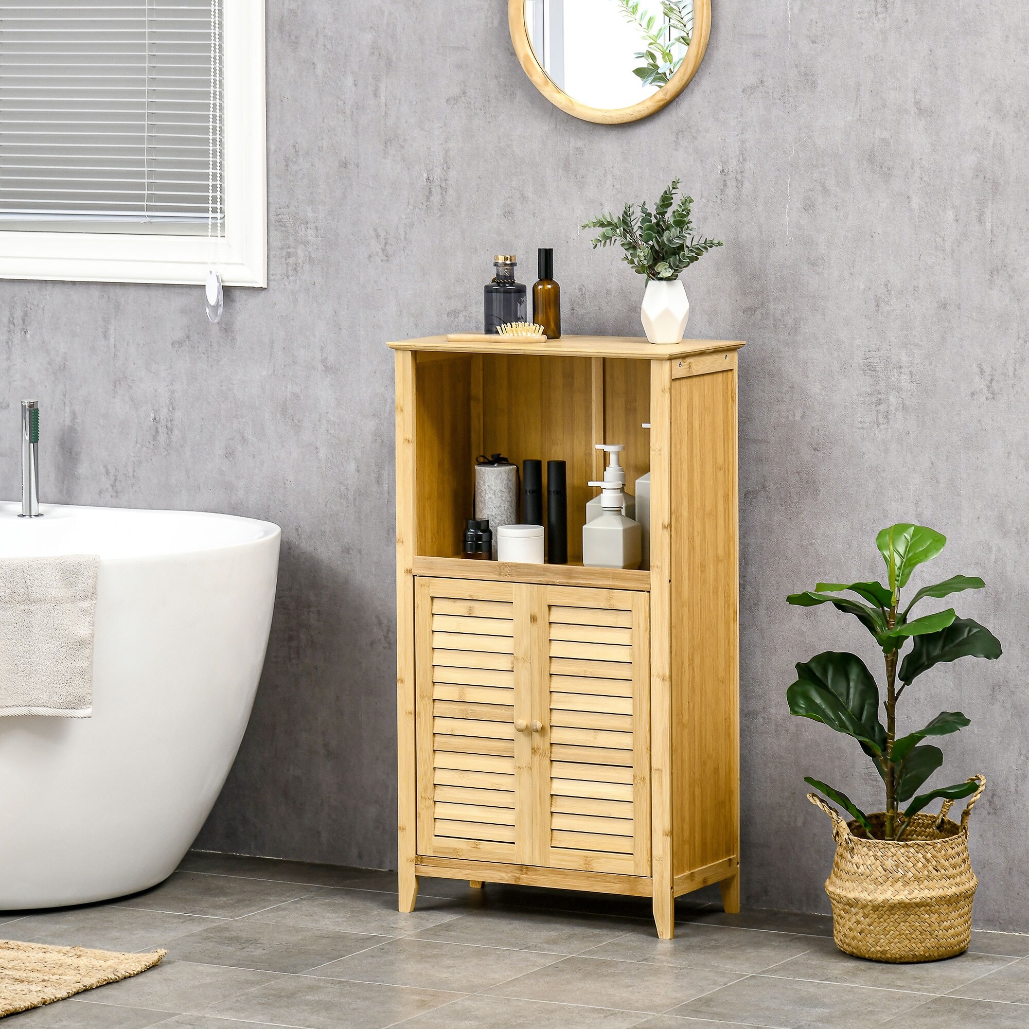 Bamboo Bathroom Storage Cabinet with 2 Door Cupboard Organizer and Open Shelves Accent Cabinet Bathroom Towel Cabinet