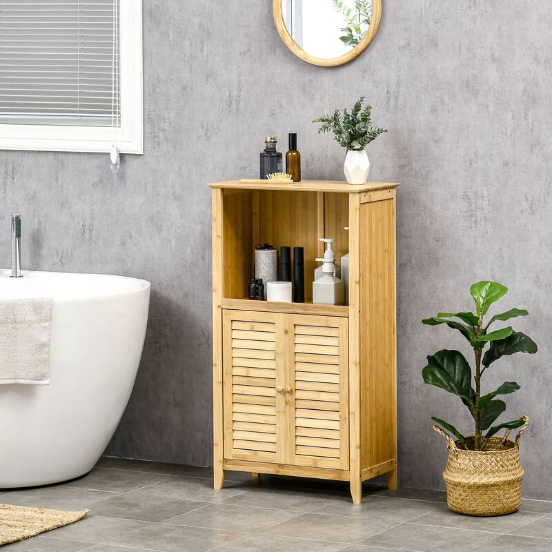 Homcom Bamboo Floor Cabinet Bathroom Floor Cabinet Living Room Organizer Tower With Multiple Shelves And Doors