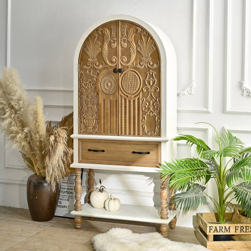 GDFStudio Lysandra Arched Flower Fir Wood Cabinet with Drawer and Carved Door