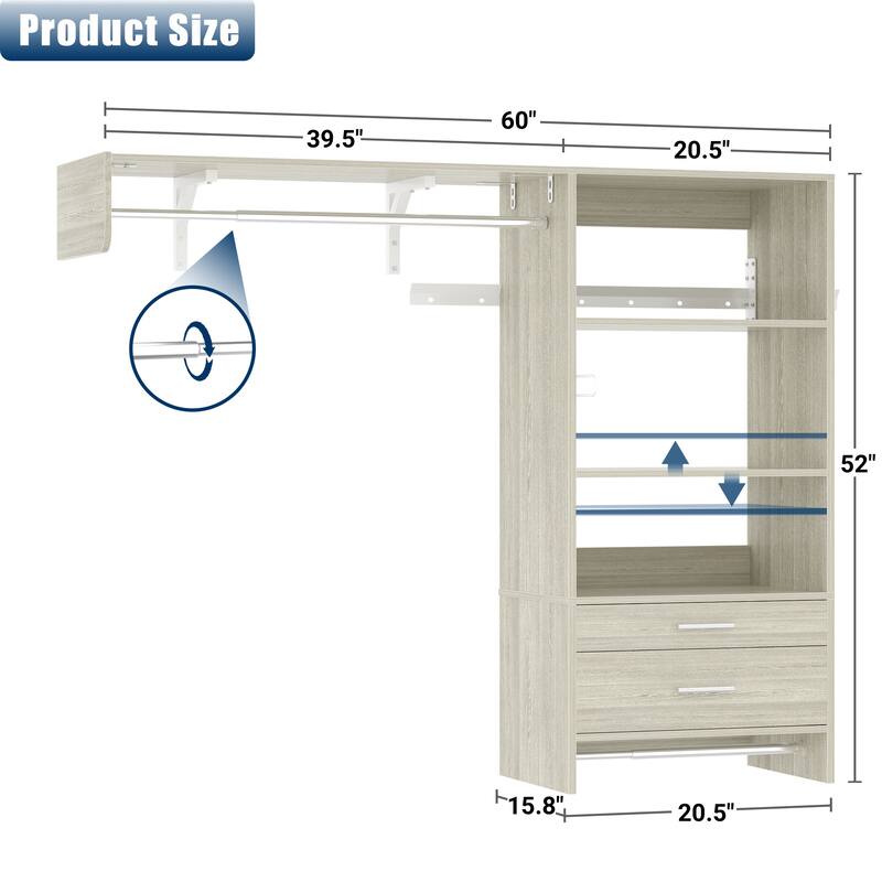 Rackcog Laundry Room Organizer with Drawers, Wall-mounted Closet System with Hanging Rods