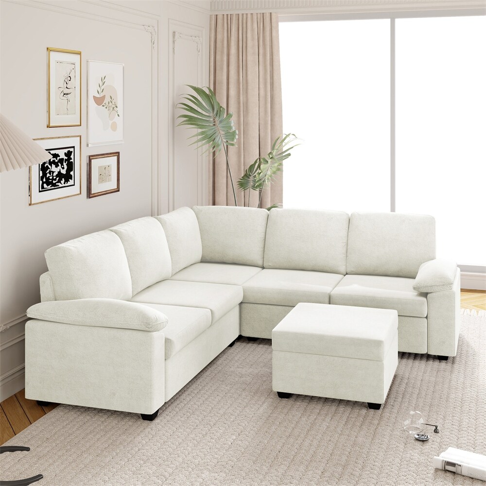 L Shaped Upholstered Corner Couch with Ottoman Armrest Pillow 6 Seat Beige