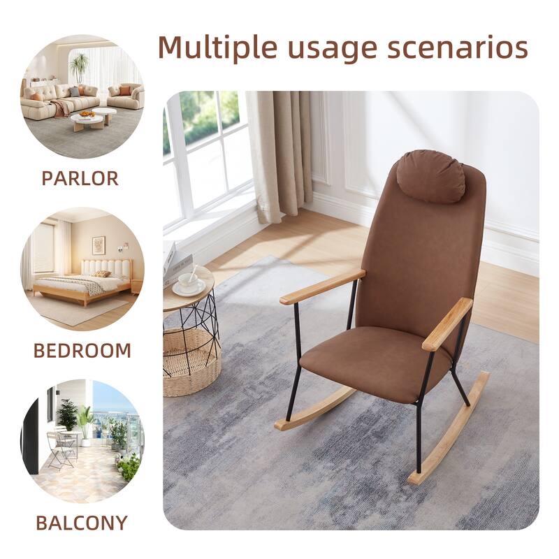 Accent Rocking Chair with Adjustable Headrest Pillow - Brown