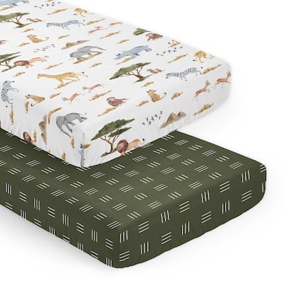 Sweet Jojo Designs Jungle Animals Boy Girl Gender Neutral Unisex 2 Pack Fitted Crib Sheets Boho Wildlife Safari Animal Elephant