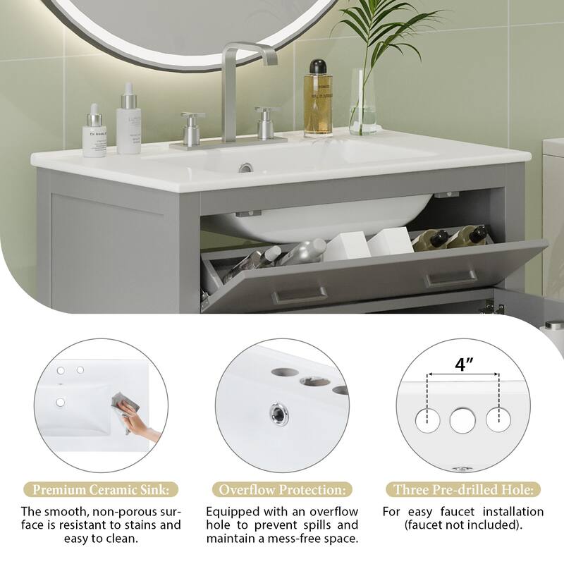Modern 30-Inch Bathroom Cabinet with Undermount Sink, Solid Wood Frame & Flip-Out Drawer
