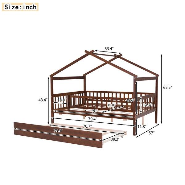 dimension image slide 7 of 8, Wooden House Bed Frame with Trundle Bed