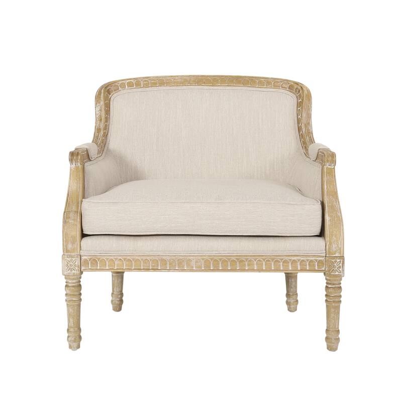 Roomfitters Upholstered Club Chair, Carved Wood Frame with Cushioned Seat, Classic Accent Armchair in Linen