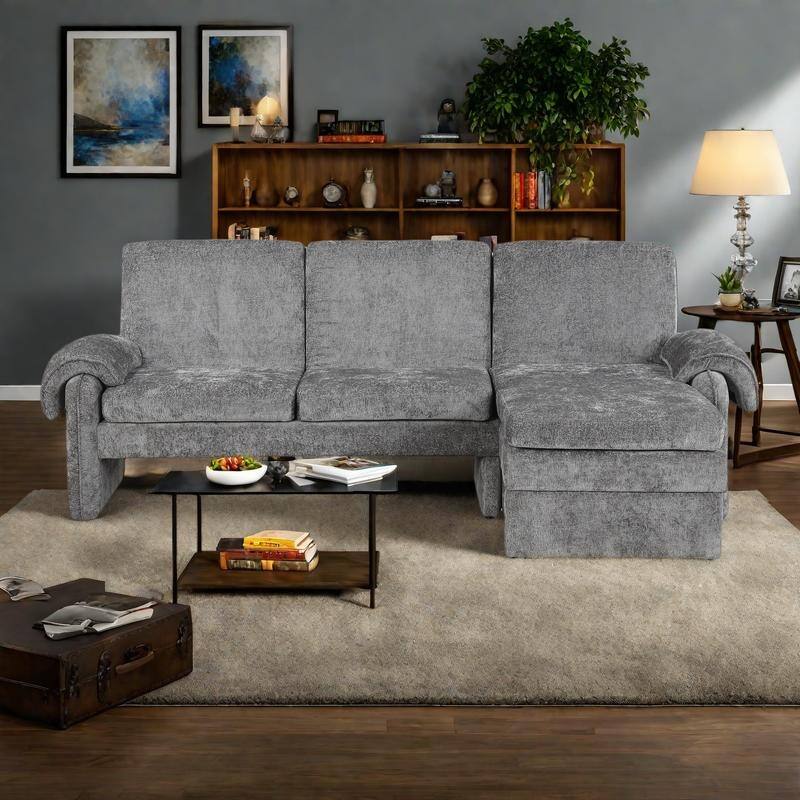94.1" Chenille L-Shaped Futon Sofa with Adjustable Backrest & Reversible Chaise - Gray