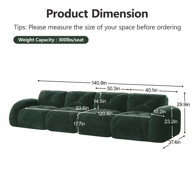 Rossetta 140" 4-Seater Soft Velvet Boneless Modular Sectional Sofa with Tufted Design, No Assembly Required