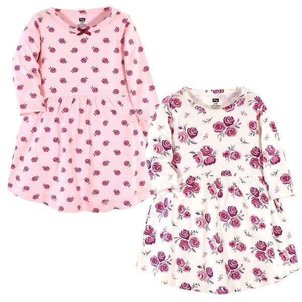 slide 1 of 1, Hudson Baby Infant and Baby Girl Cotton Long-Sleeve Dresses 2pk, Rose 0-3 Months - Rose