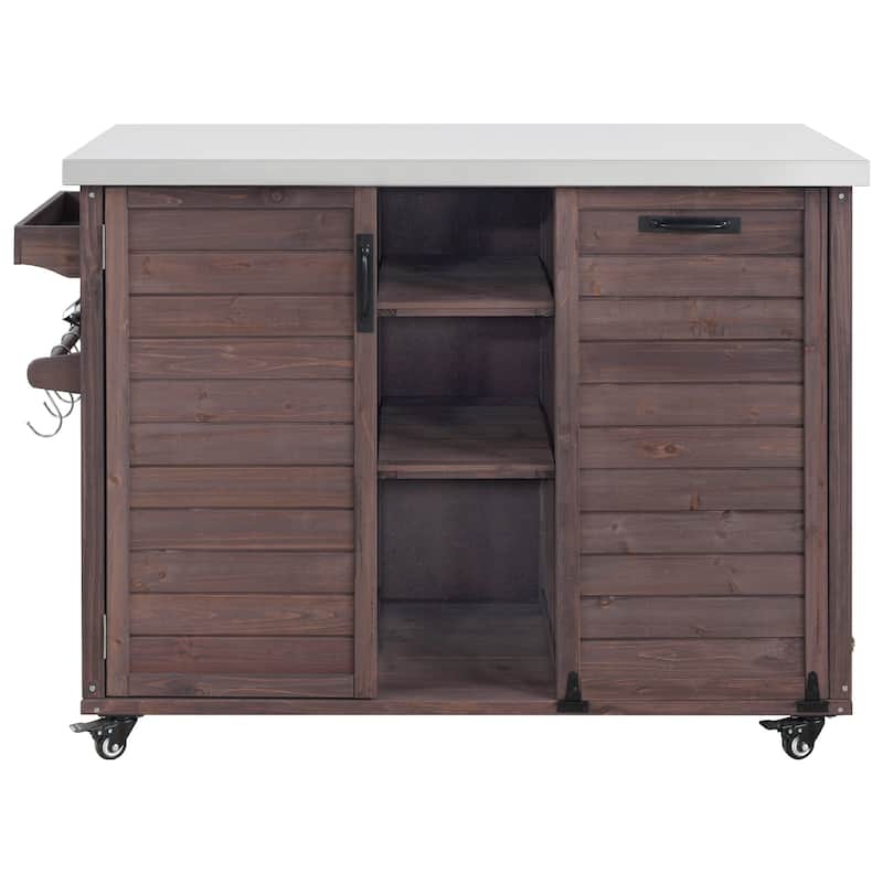 78.3" Outdoor Kitchen Island with Foldable Grill Table, Wooden Outdoor Grill Cart with Trash Can Storage & Stainless Steel Top