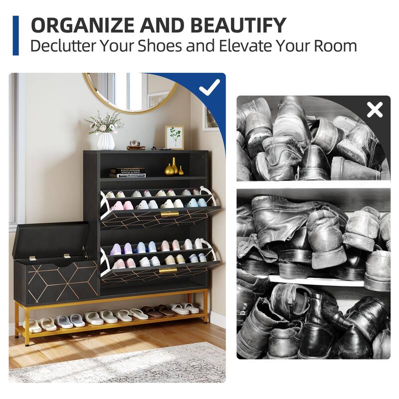 Moasis 22 Pairs Shoe Cabinet with 2 Flip Drawers, Narrow Shoes Rack with Storage Bench