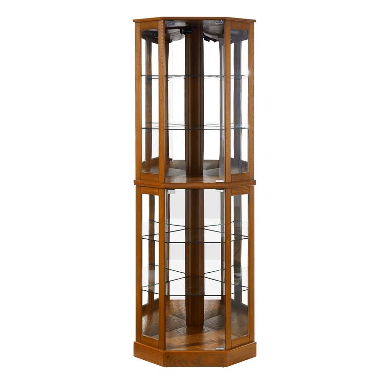 Lighted Corner Curio Display Cabinet with 6 Adjustable Glass Shelves and Mirrored Back Panel