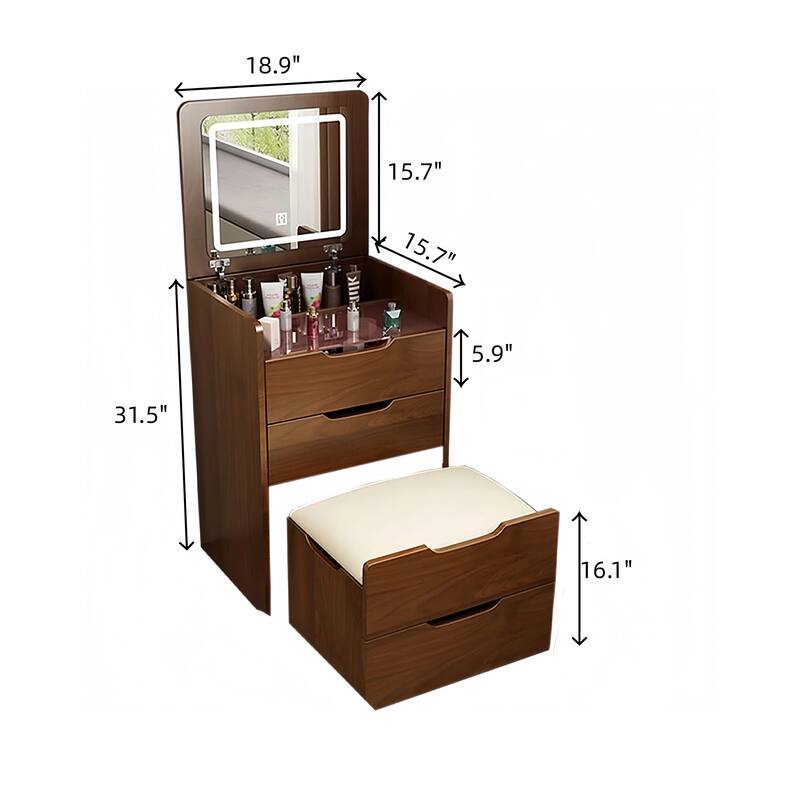 3-in-1 Vanity Desk with Flip-Top Lighted Mirror, Glass Desktop Makeup Table with 3 Drawers for Bedroom