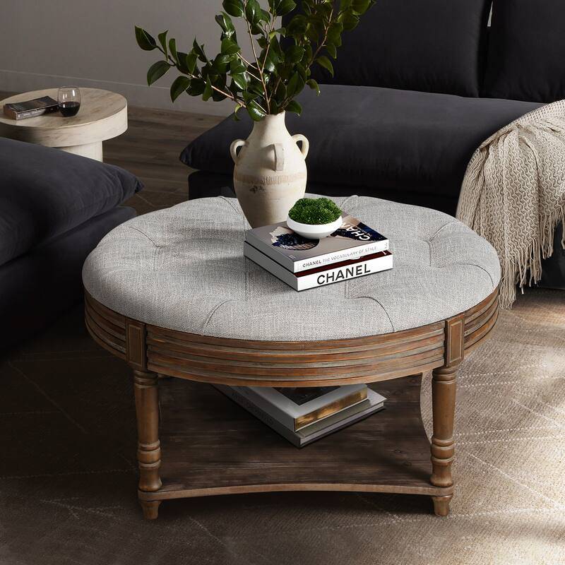 Large Round WaterProof Ottoman Coffee Table 2 Tier Oversized Button Tufted Ottoman with Wooden Upholstered Coffee Table - Light Gray