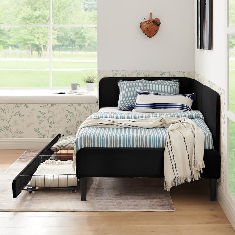 Anmytek Black Velvet Storage Bed Frame with Drawers Modern Upholstered Platform Bed for Small Spaces