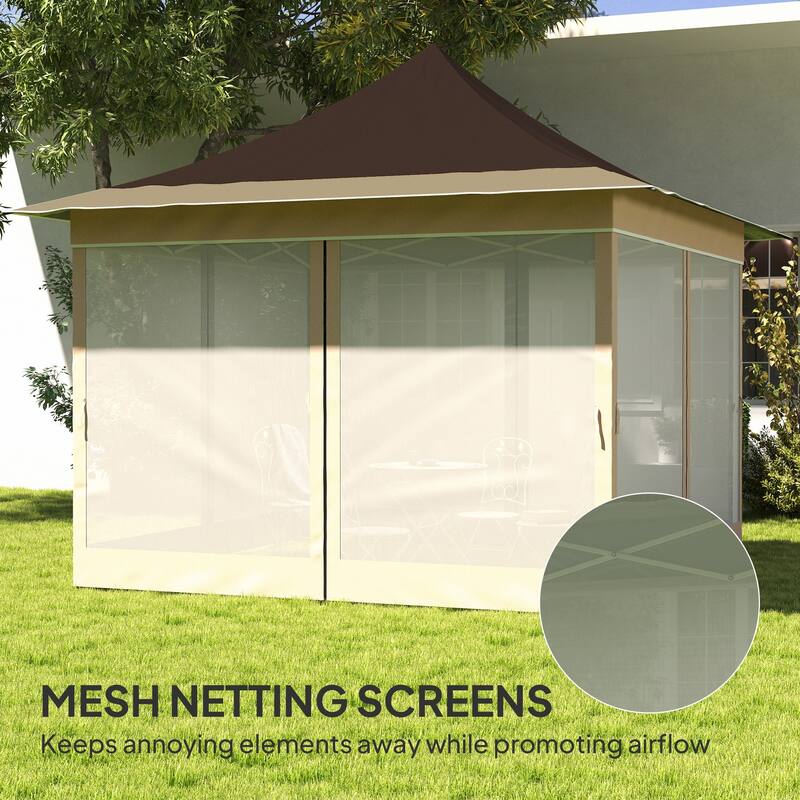 Large Brown Outdoor Adjustable Height Pop-Up Canopy Tent with Mesh Walls and UV Protection - 140.6" L x 140.6" W x 122" H