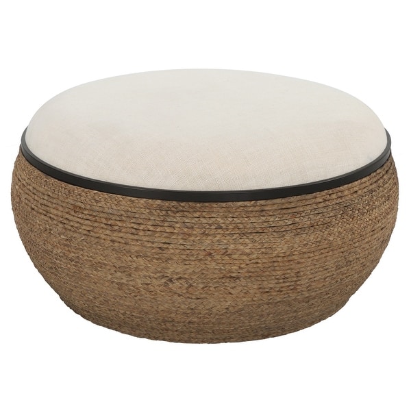 slide 2 of 5, Braided Straw Upholstered Coffee Table - 36.25" - White and Brown