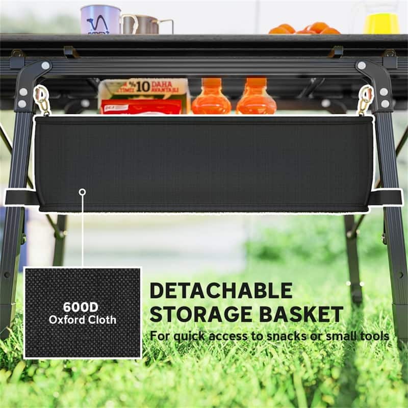 Black Portable Camping Table with Adjustable Height and Foldable Aluminum Frame Oxford Storage Basket