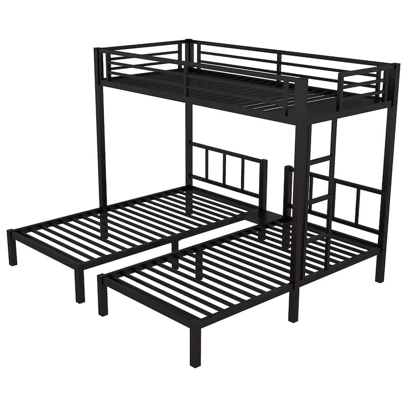 Detachable Triple Bunk Bed Frame Convertible 3 Twin Platform Beds with Storage Shelves, Headboard, Ladder and Safety Guardrails