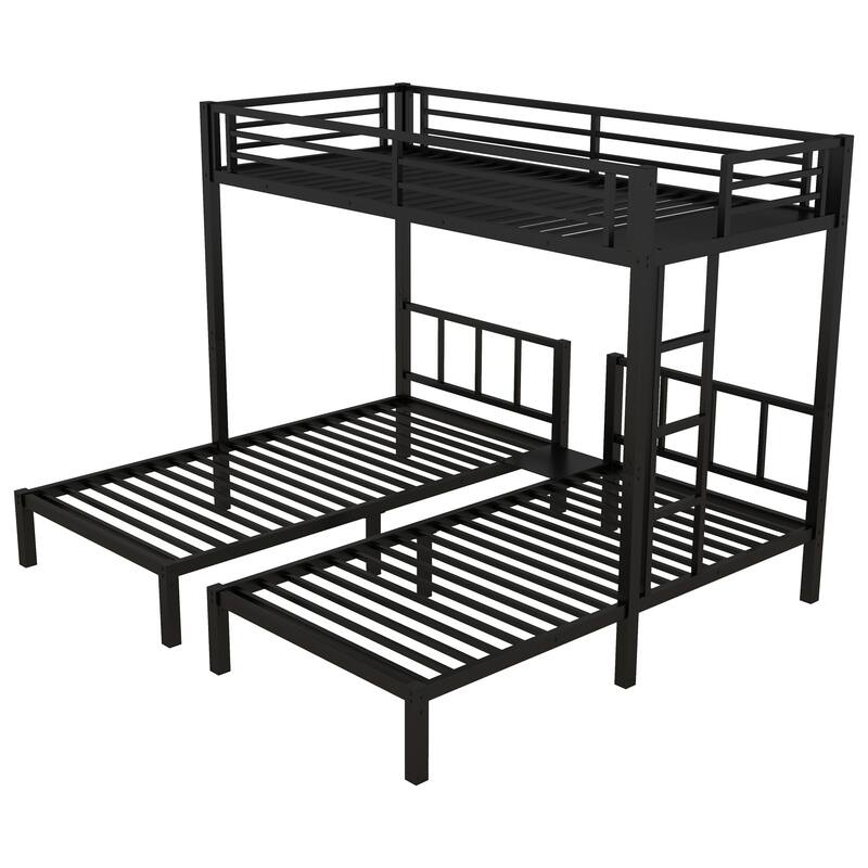 Roomfitters Metal Triple Bunk Bed, Twin over Twin & Twin L-Shaped Bunk Bed with Shelf, Black