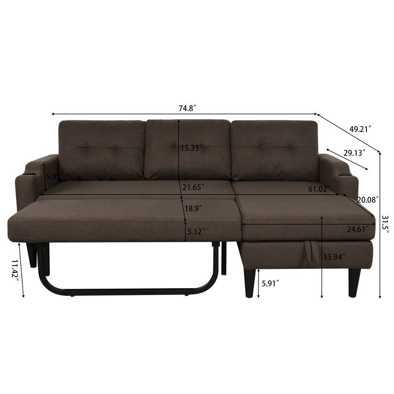 74.8" Fabric Sofa with Storage and Solid Wood Frame, 660lb Capacity
