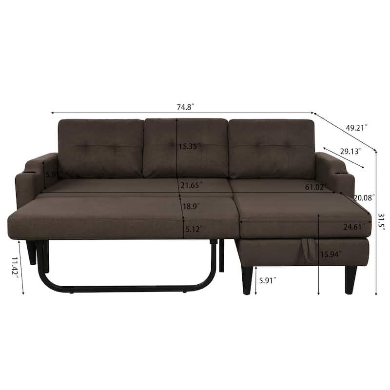 Pull Out Couch, L Shaped Convertible Sleeper Sofa Bed with Hidden Storage, 3-in-1 Upholstered Sectional Sofa with Cup Holder
