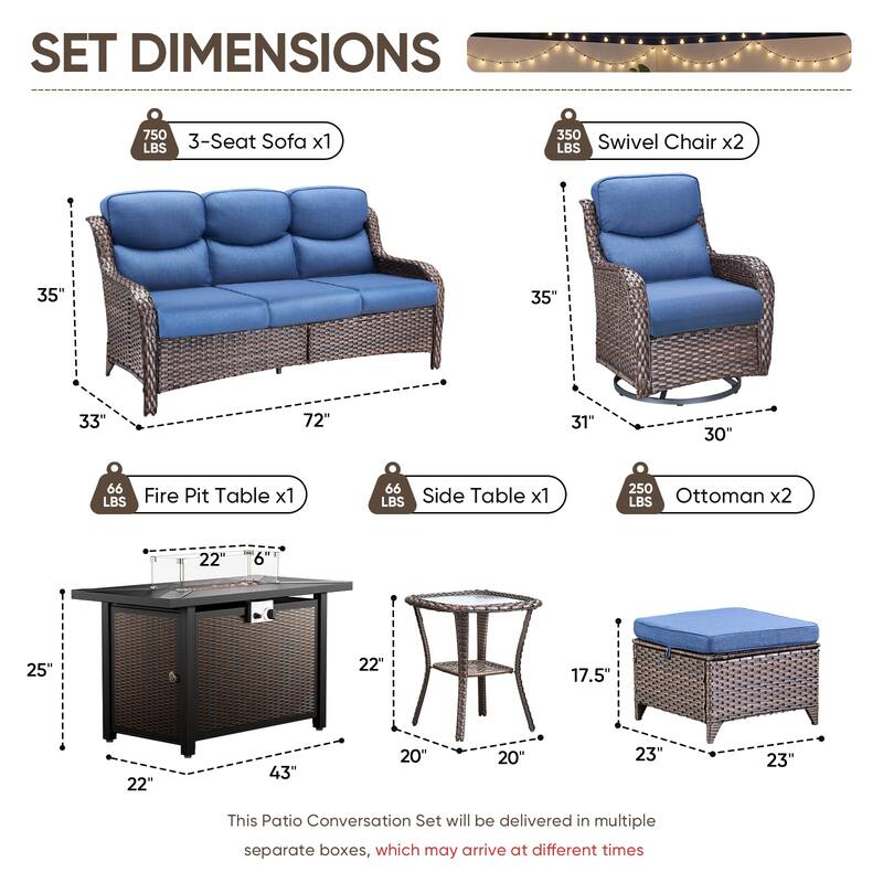 Pocassy 6/7 Piece Patio Sofa Swivel Chair Set with 43" Fire Pit Table