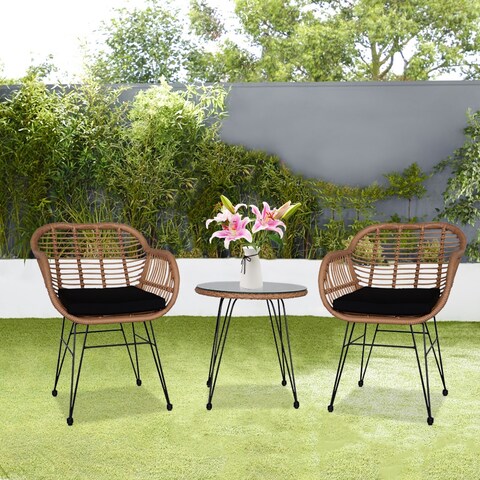 Wicker Rattan Patio Conversation Set with Tempered Glass Table