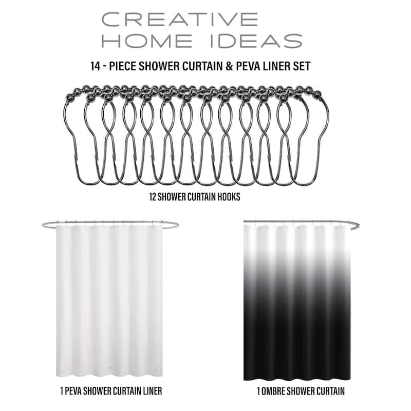 14-Piece Bath/Shower Set - Ombre Shower Curtain, Hooks & PEVA Liner