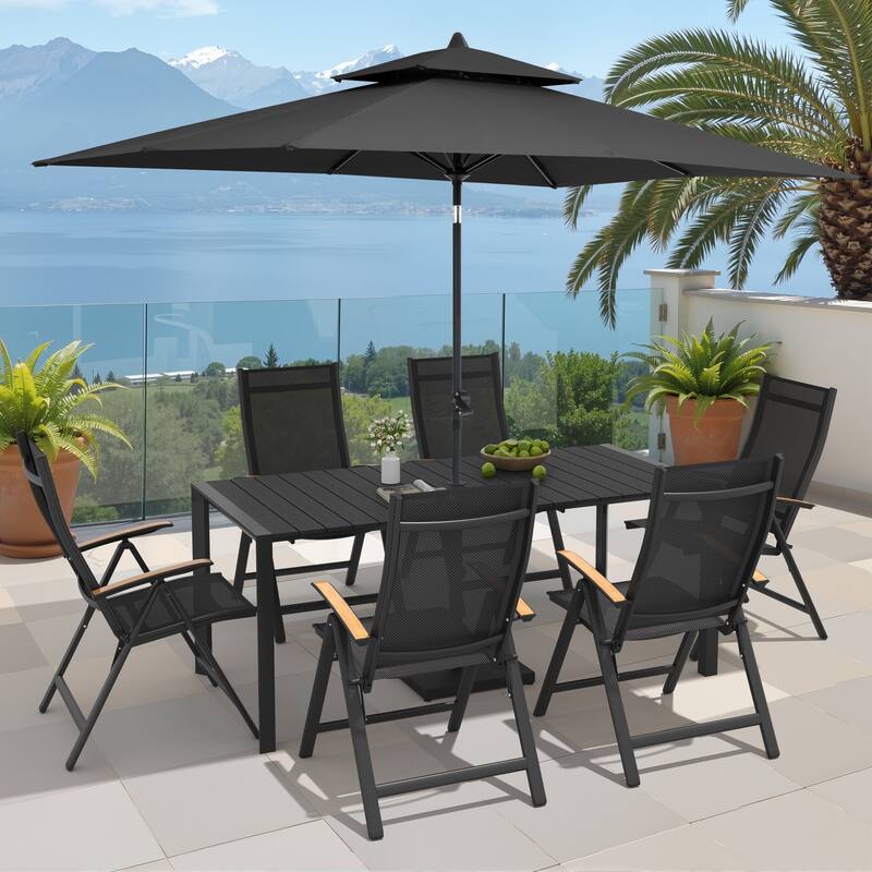 9/11-Piece Outdoor Patio Dining Set Aluminum Dining Table and Chairs w/10 ft Market Umbrella and Base - Set of 9 - Black Table with Black Umbrella
