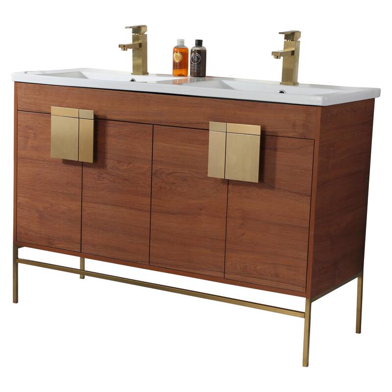 Modern Bathroom Vanity Set, Vitreous China Double Sink Top 48" - Walnut/Satin Brass