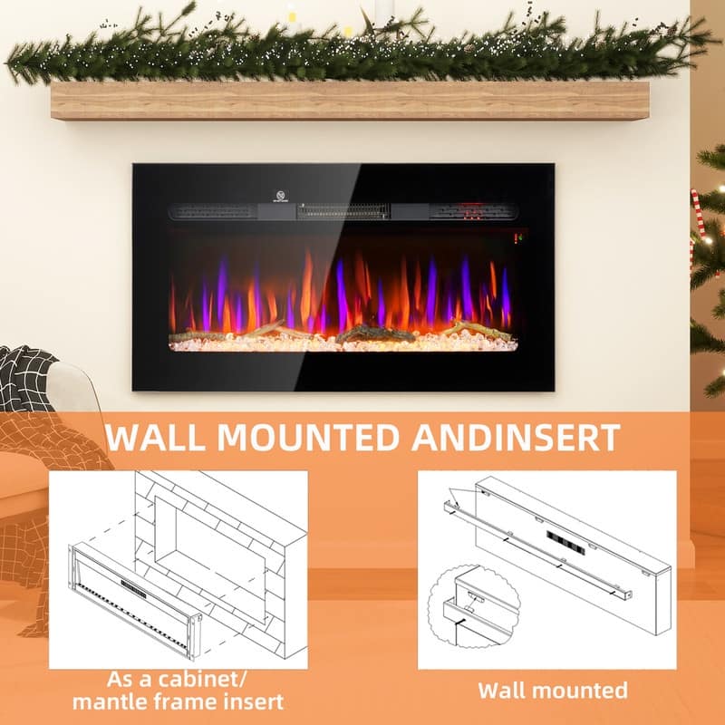36/40/50/60 in. Wall Mount Recessed Electric Fireplace in Black, Remote Control, 8H Timer, Adjustable Flame & Brightness