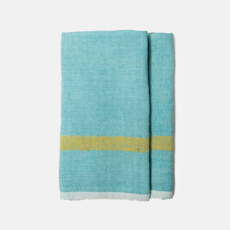 Laundered Linen Towels - Set of 2 - Aqua/Lime - 20" x 30" - Set of 2