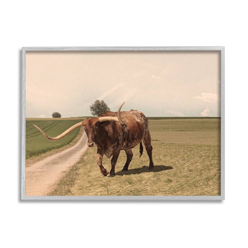 Stupell Longhorn Cattle Grazing Scenic Countryside Landscape Framed Wall Art, Design by Marcus Prime - 30 x 24 - Grey