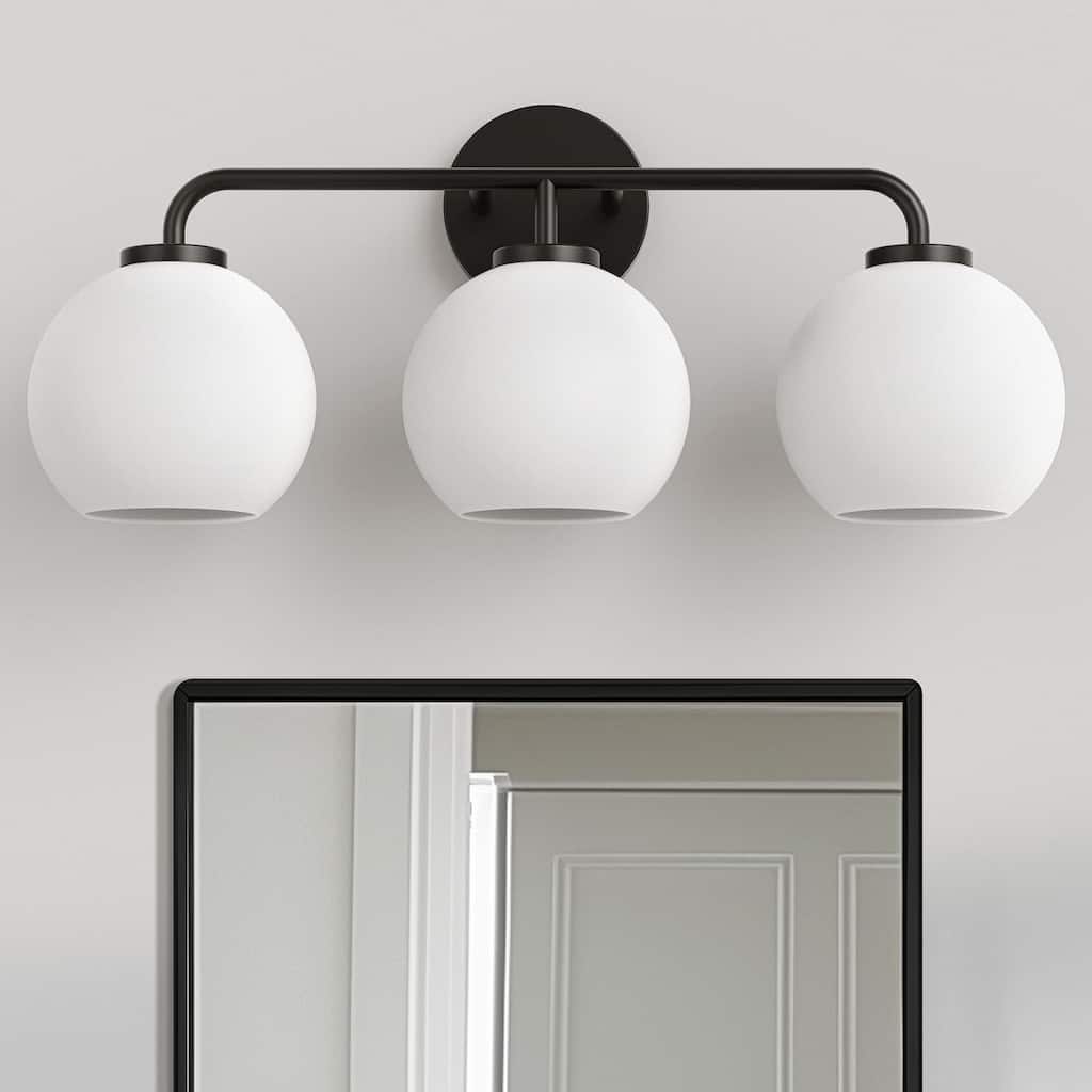 YANSUN 3-Light Black Bathroom Vanity Light, Milk White Glass Spheres, Modern Wall Light Fixture for Bathroom Vanity and Mirror