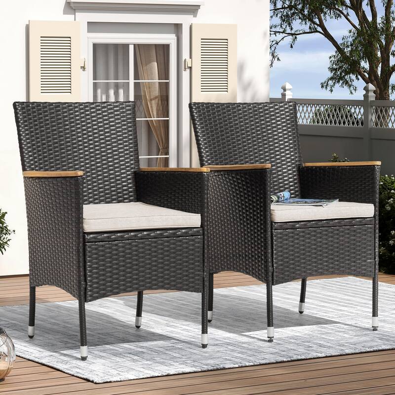 All Weather Wicker Patio Chairs Set of 2 with Cushions, Acacia Armrests