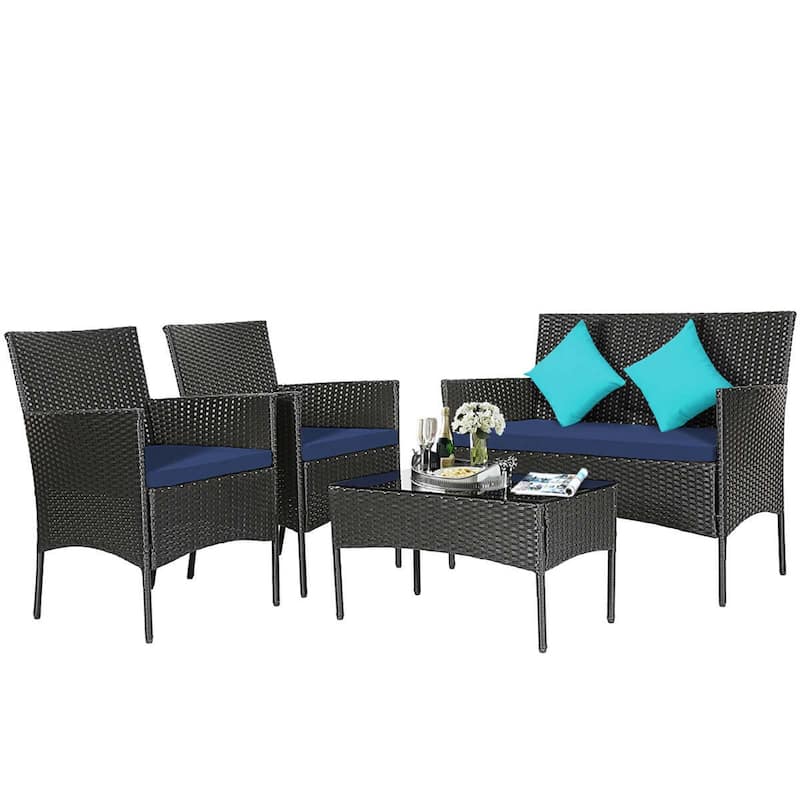 4 PCS Patio Furniture Set Rattan Sofa & Chairs Set - Navy
