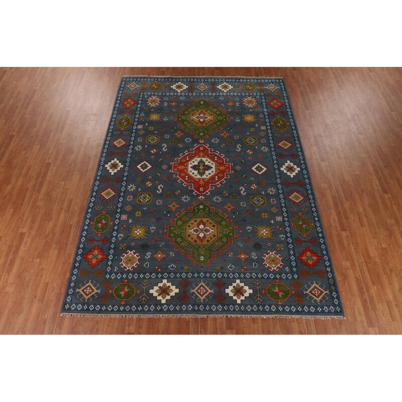 Blue Geometric Kazak Oriental Area Rug Hand-Knotted Wool Carpet - 9'3" x 11'7"