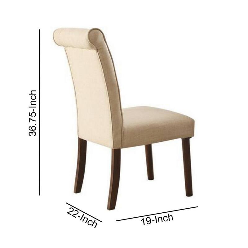Fabric Upholstered Wooden Side Chair with Button Tufted Back, Beige and Brown