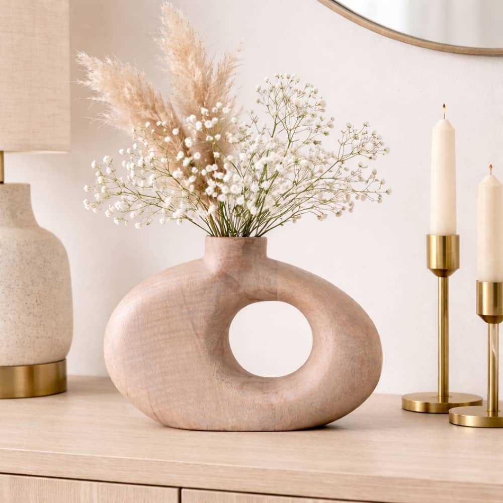 Mango Wood Modern Vase with Round Cutout Silhouette Minimalist Design