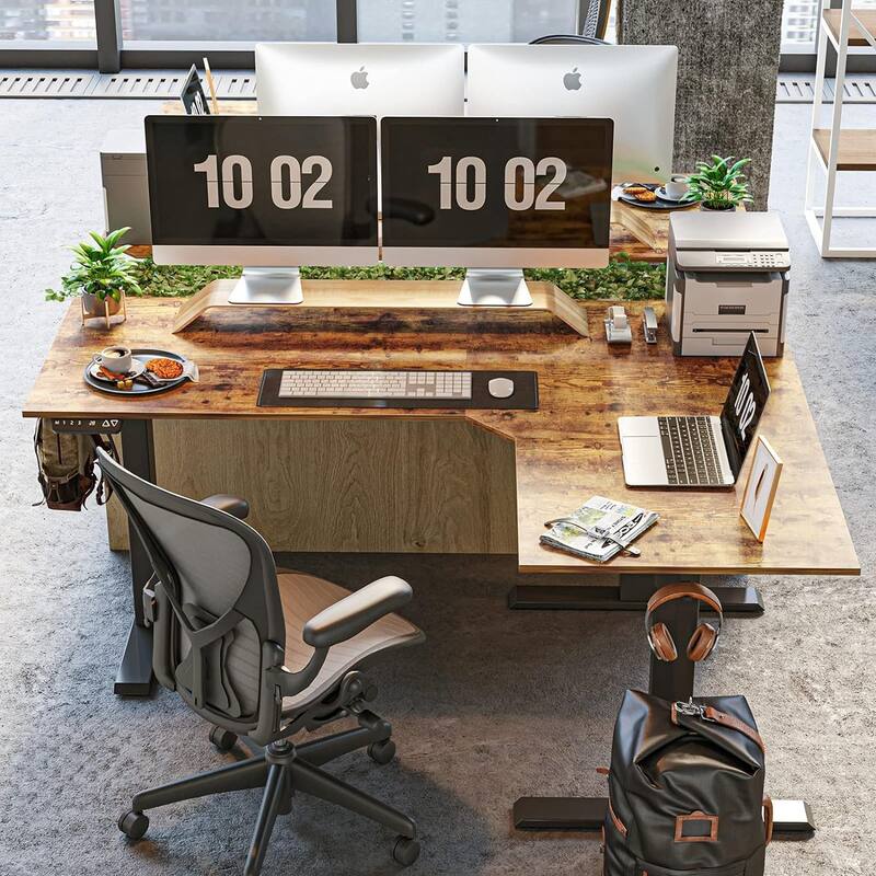 FEZIBO Triple Motor L Shaped Standing Desk, Electric Standing Desk Adjustable Height, Corner Stand up Desk with Splice Board - Rustic Brown