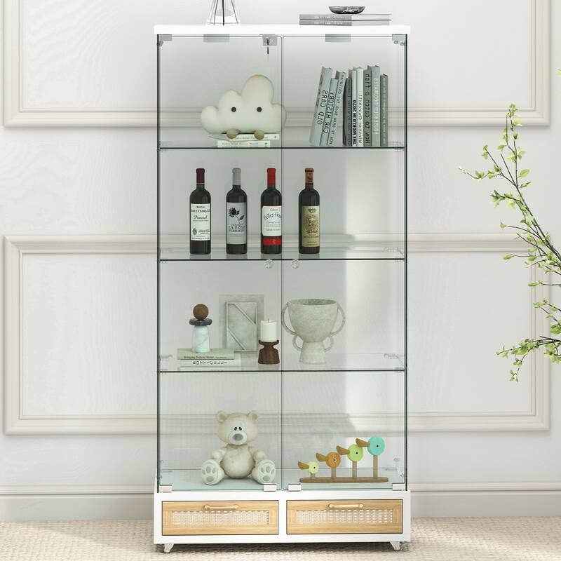 Modern Glass Display Cabinet with Large Drawer for Living Room and Bedroom