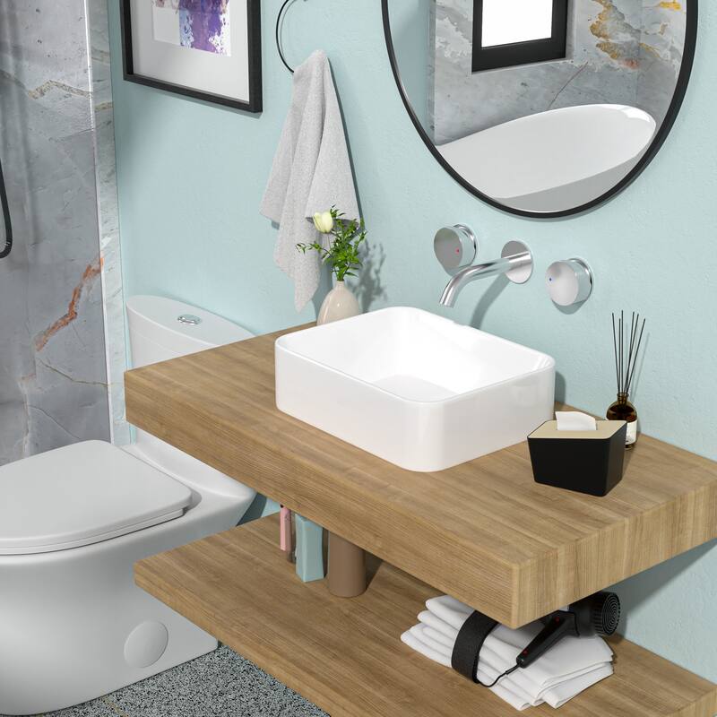 19"x15" White Ceramic Rectangular Vessel Bathroom Sink - White