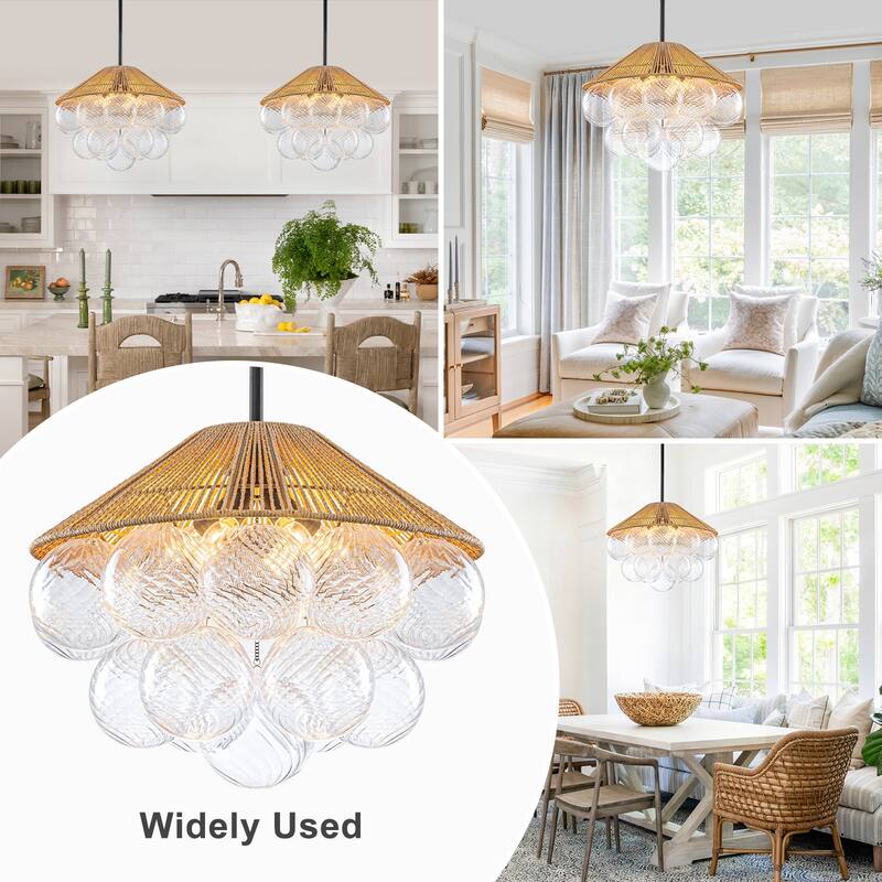 20.5" 4-Light Farmhouse Rope Chandelier Cone Shades Clear Glass Balls - Dia.20.5-in