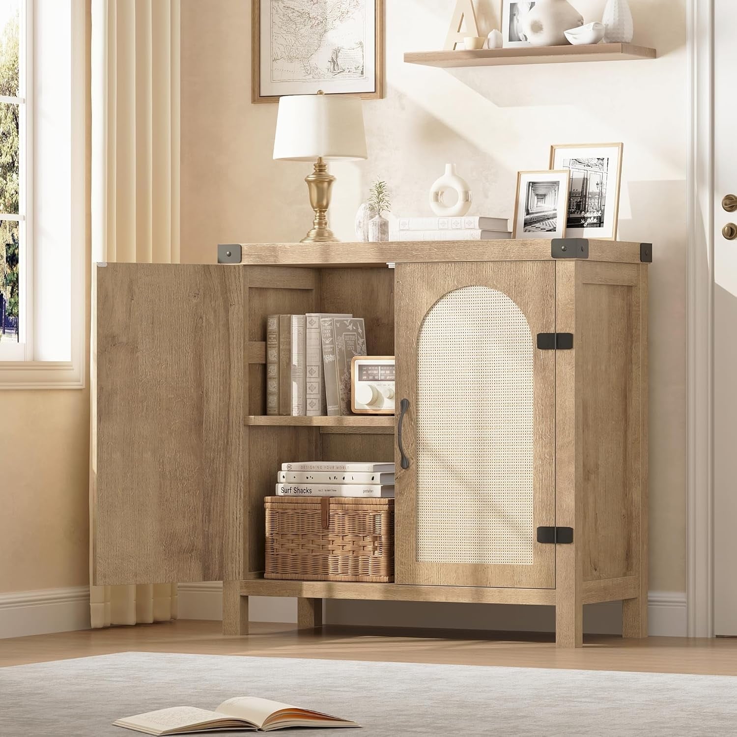 Farmhouse Rattan Door Sideboard Buffet, Natural Storage
