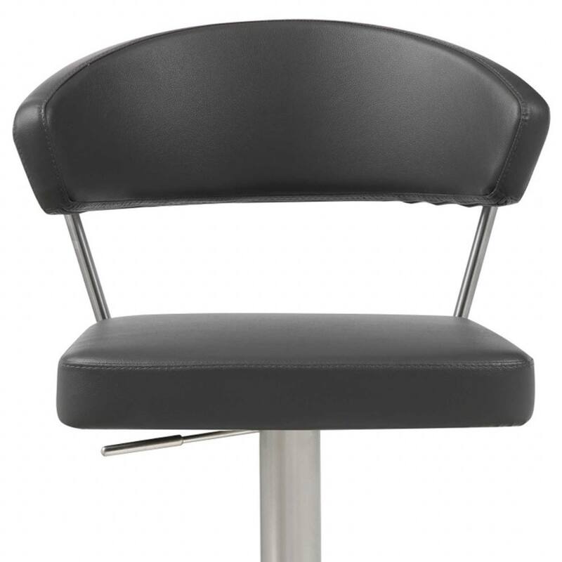 Black Faux Leather Bucket Bar Stool with Silver Stainless Steel Pedestal, Adjustable Height - 22” x 20” x 34” (D x W x H)